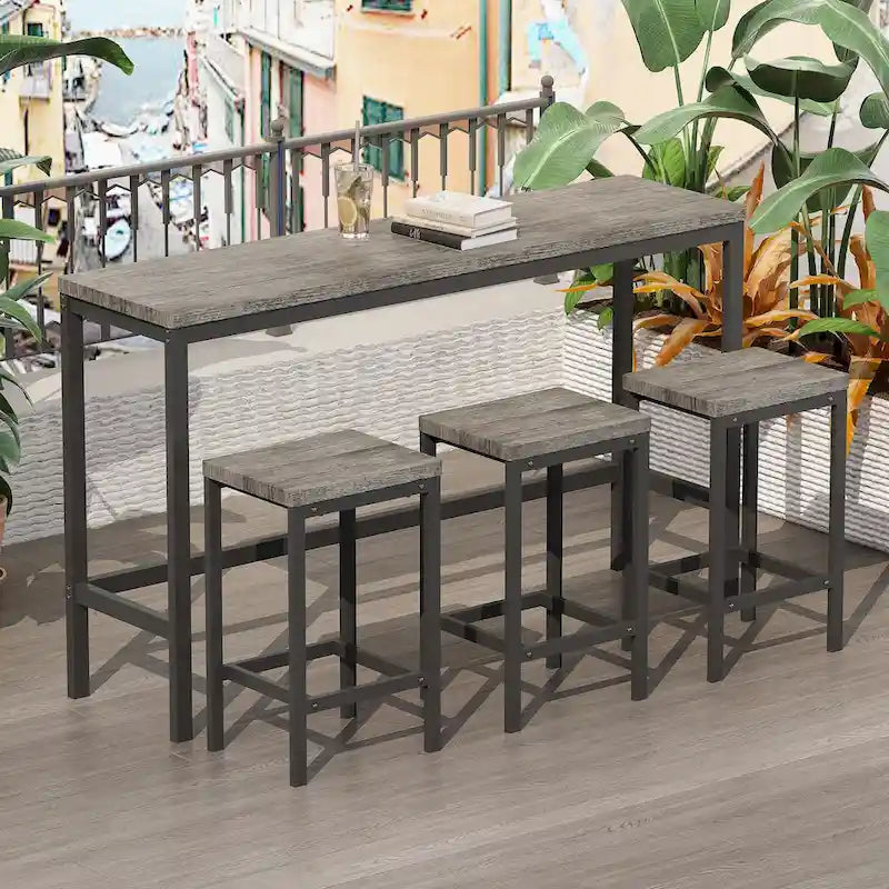 Set da pranzo alto da 3 posti, colore marrone scuro/naturale/grigio, in MDF e struttura in metallo