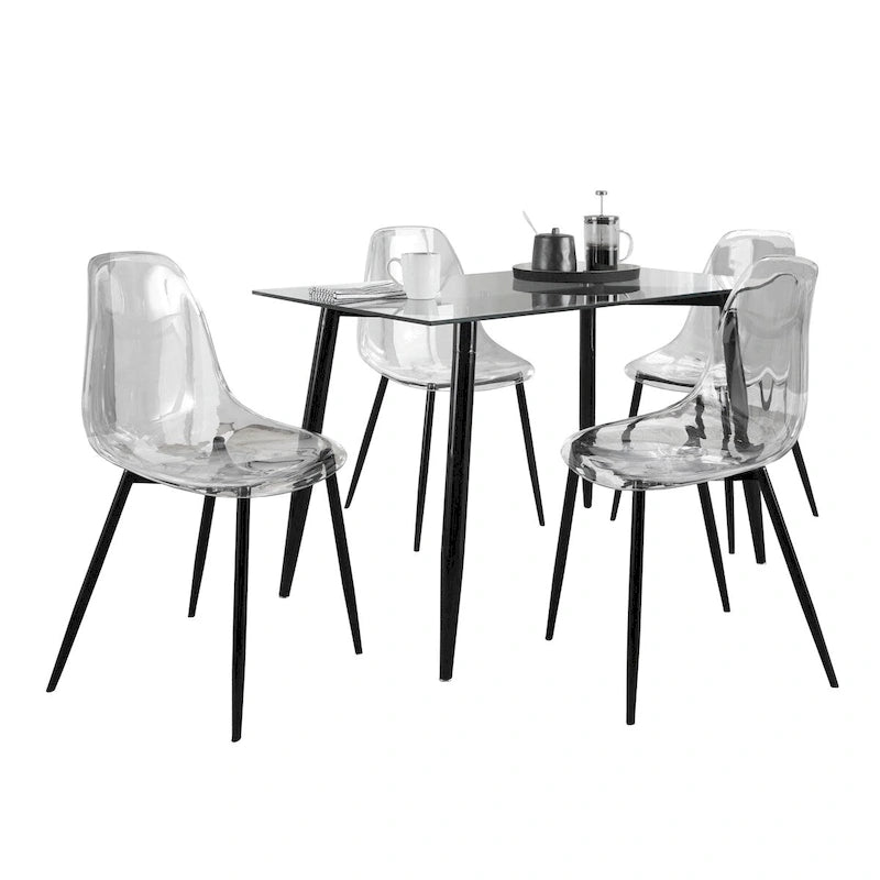 Set da pranzo rettangolare 5 pezzi in acrilico trasparente e vetro per 4 persone, gambe in metallo nero/noce