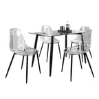 Set da pranzo rettangolare 5 pezzi in acrilico trasparente e vetro per 4 persone, gambe in metallo nero/noce