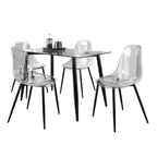 Set da pranzo rettangolare 5 pezzi in acrilico trasparente e vetro per 4 persone, gambe in metallo nero/noce