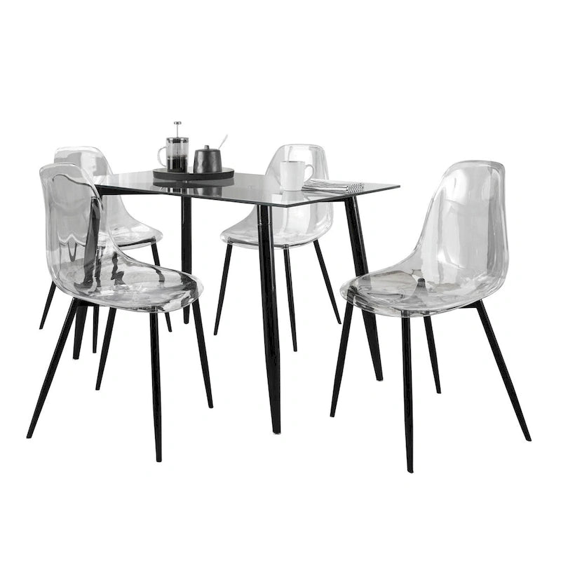 Set da pranzo rettangolare 5 pezzi in acrilico trasparente e vetro per 4 persone, gambe in metallo nero/noce