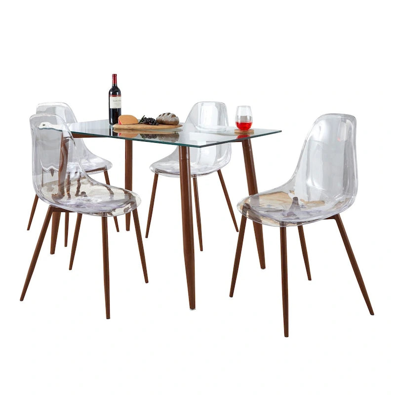 Set da pranzo rettangolare 5 pezzi in acrilico trasparente e vetro per 4 persone, gambe in metallo nero/noce