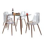 Set da pranzo rettangolare 5 pezzi in acrilico trasparente e vetro per 4 persone, gambe in metallo nero/noce