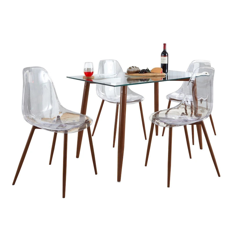 Set da pranzo rettangolare 5 pezzi in acrilico trasparente e vetro per 4 persone, gambe in metallo nero/noce