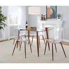 Set da pranzo rettangolare 5 pezzi in acrilico trasparente e vetro per 4 persone, gambe in metallo nero/noce