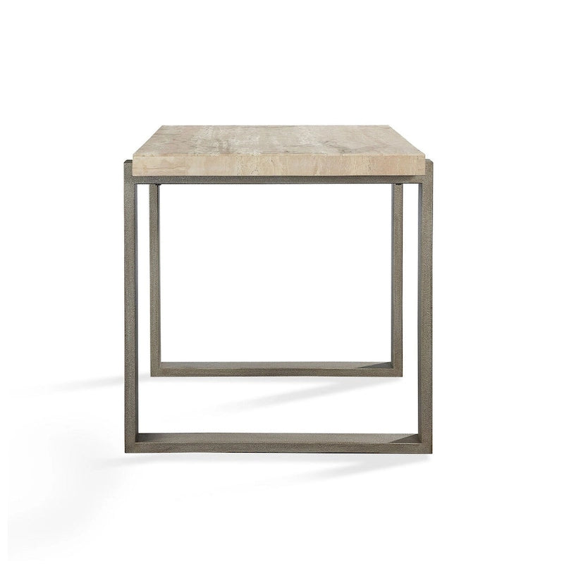 Tavolino/tavolo laterale con base a slitta in metallo color bronzo, piano in pietra, 1 persona, 56 cm L x 61 cm P x 56 cm H