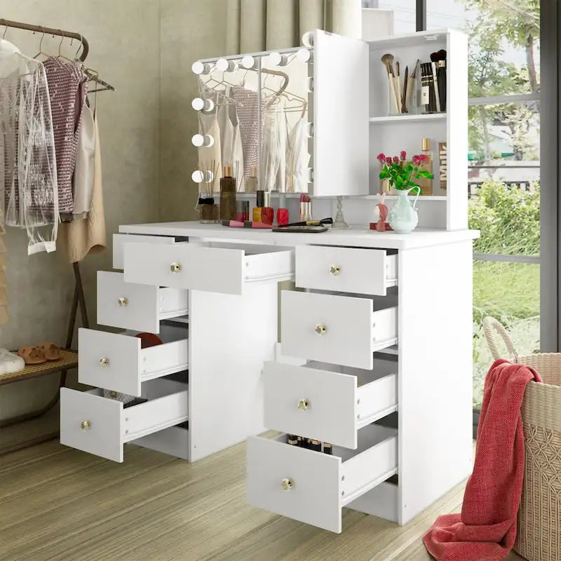 Tavolo da trucco bianco/nero a 3 specchi e 9 cassetti con illuminazione a LED, singolo