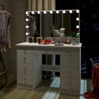 Tavolo da trucco bianco/nero a 3 specchi e 9 cassetti con illuminazione a LED, singolo