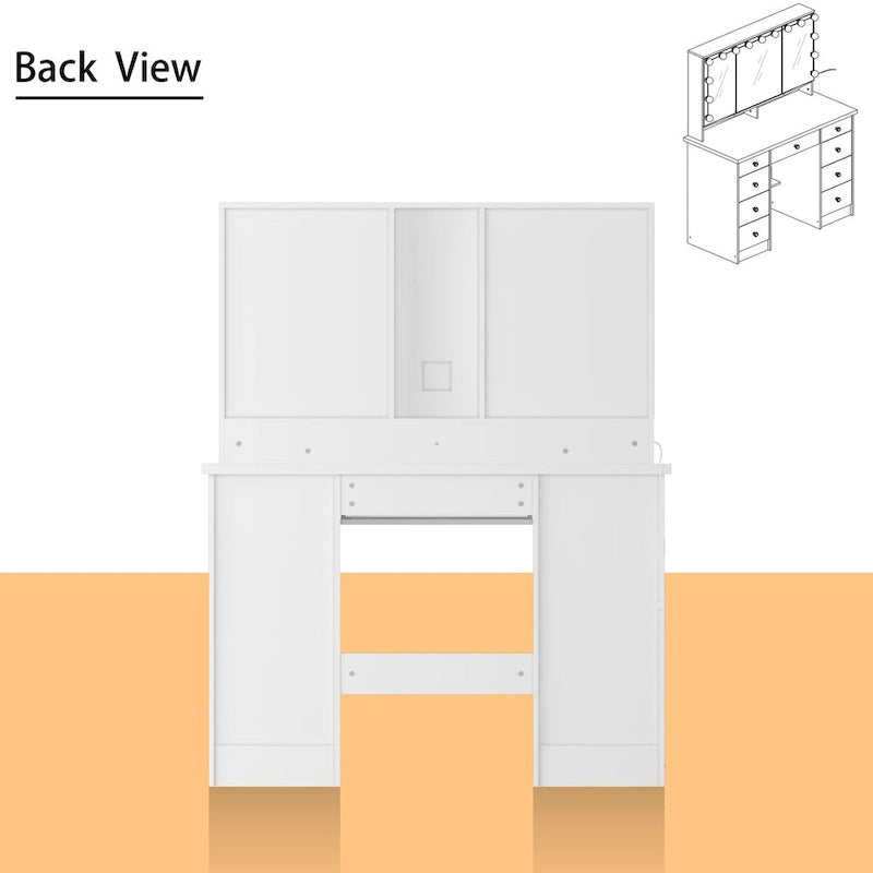Tavolo da trucco bianco/nero a 3 specchi e 9 cassetti con illuminazione a LED, singolo