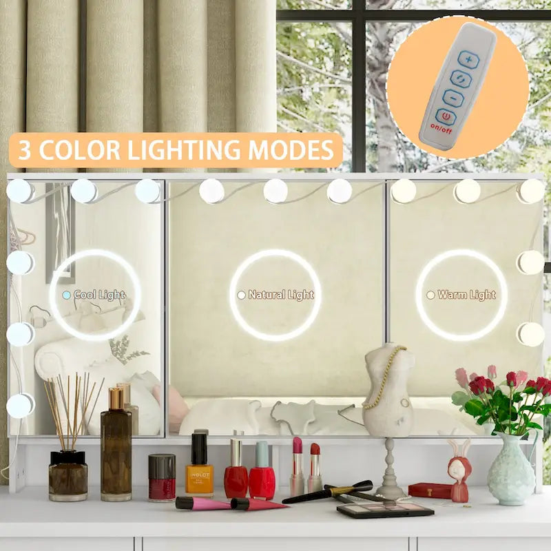 Tavolo da trucco bianco/nero a 3 specchi e 9 cassetti con illuminazione a LED, singolo