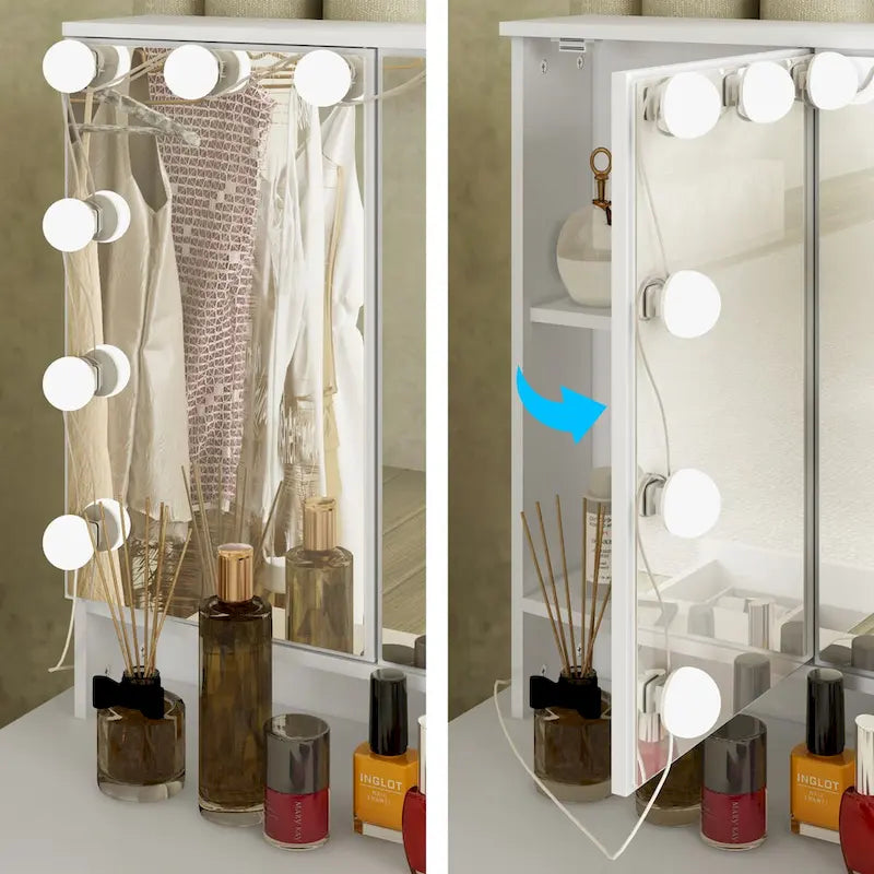 Tavolo da trucco bianco/nero a 3 specchi e 9 cassetti con illuminazione a LED, singolo