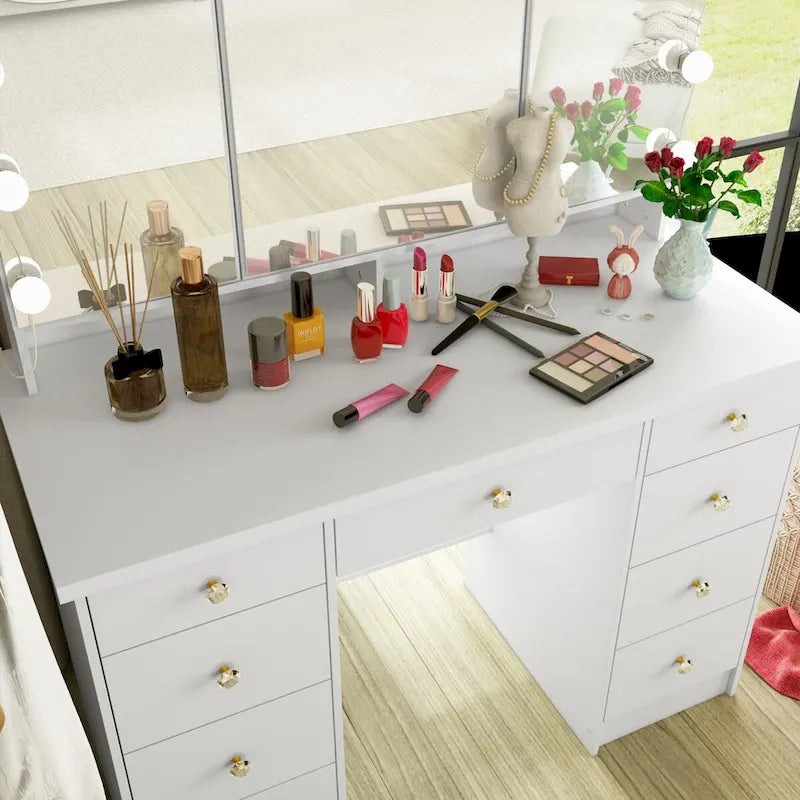 Tavolo da trucco bianco/nero a 3 specchi e 9 cassetti con illuminazione a LED, singolo