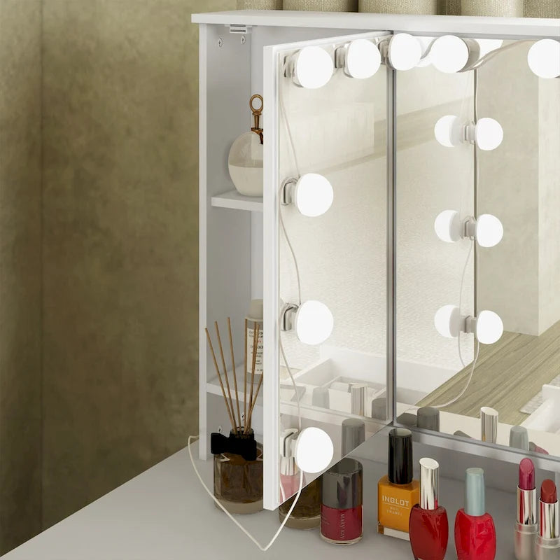 Tavolo da trucco bianco/nero a 3 specchi e 9 cassetti con illuminazione a LED, singolo