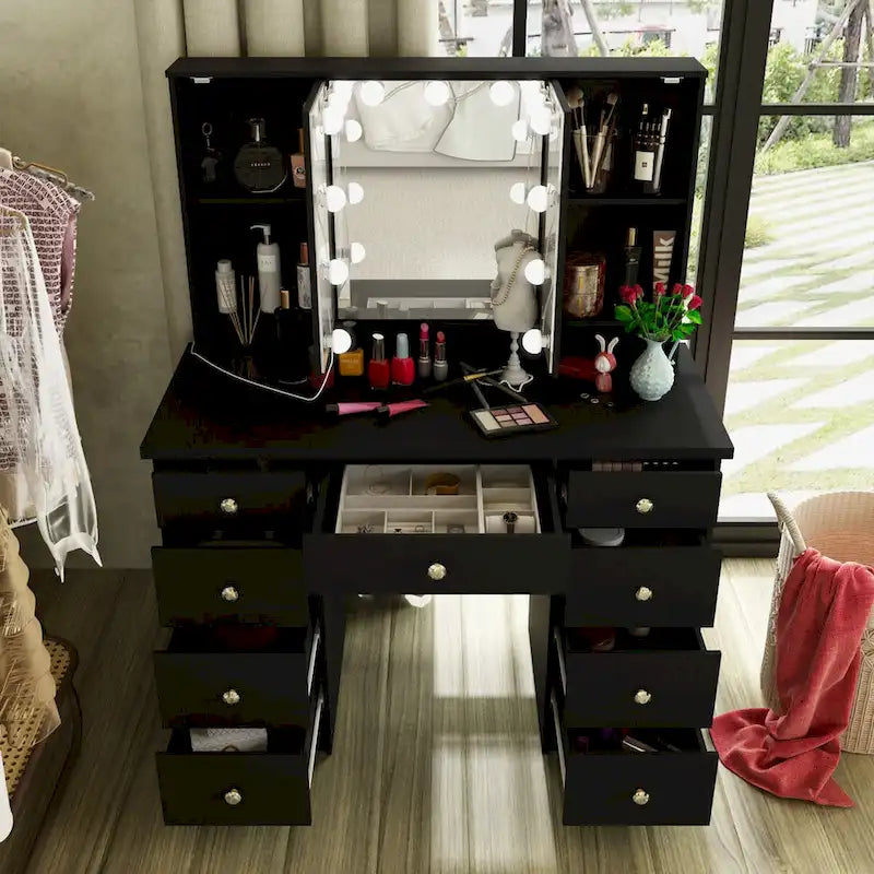 Tavolo da trucco bianco/nero a 3 specchi e 9 cassetti con illuminazione a LED, singolo