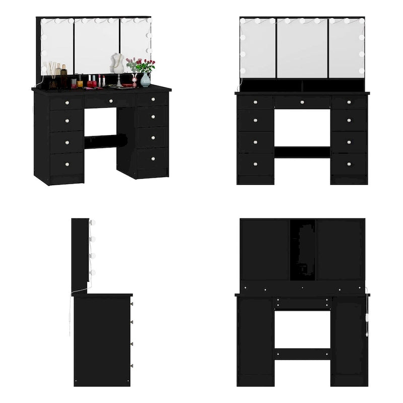 Tavolo da trucco bianco/nero a 3 specchi e 9 cassetti con illuminazione a LED, singolo