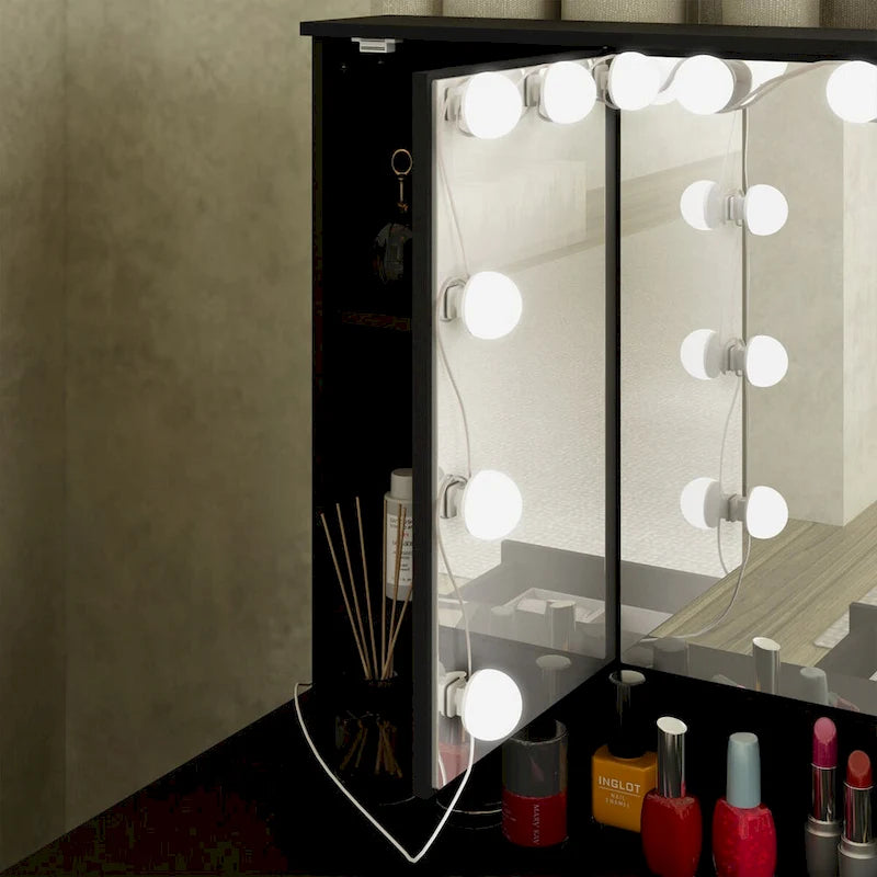 Tavolo da trucco bianco/nero a 3 specchi e 9 cassetti con illuminazione a LED, singolo