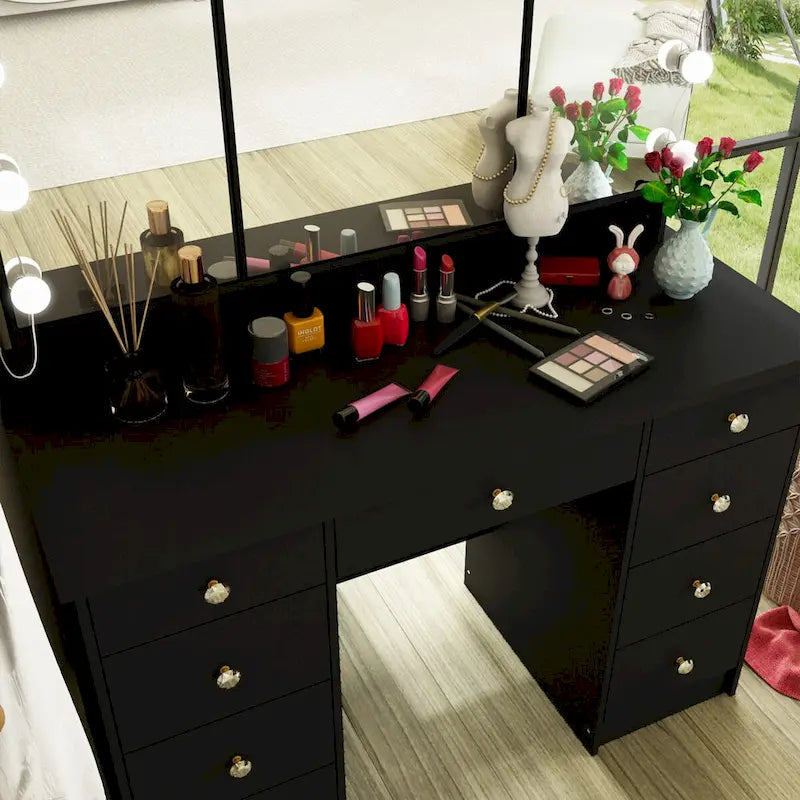 Tavolo da trucco bianco/nero a 3 specchi e 9 cassetti con illuminazione a LED, singolo