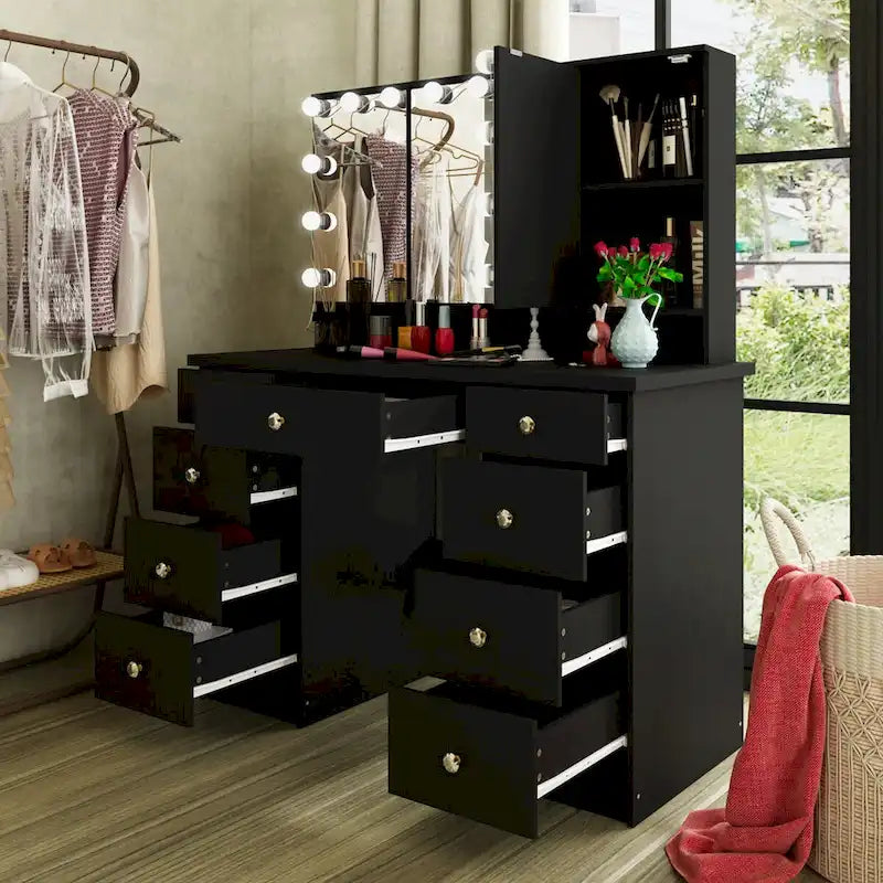 Tavolo da trucco bianco/nero a 3 specchi e 9 cassetti con illuminazione a LED, singolo