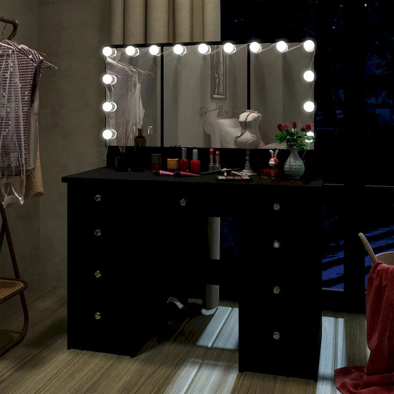 Tavolo da trucco bianco/nero a 3 specchi e 9 cassetti con illuminazione a LED, singolo