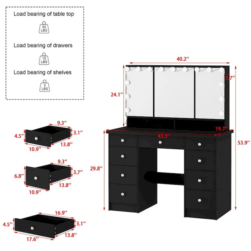 Tavolo da trucco bianco/nero a 3 specchi e 9 cassetti con illuminazione a LED, singolo
