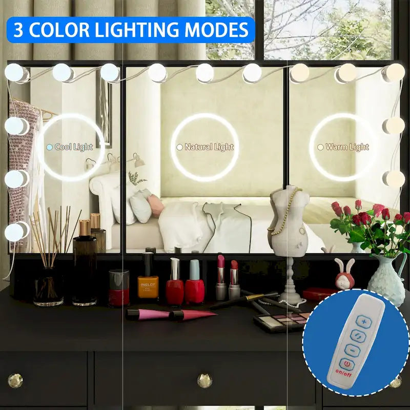 Tavolo da trucco bianco/nero a 3 specchi e 9 cassetti con illuminazione a LED, singolo