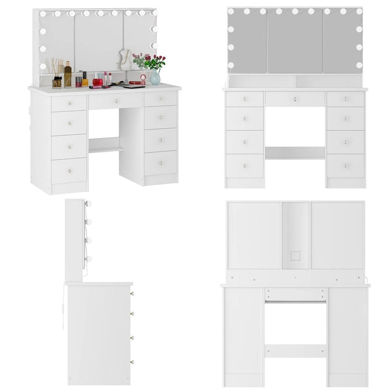 Tavolo da trucco bianco/nero a 3 specchi e 9 cassetti con illuminazione a LED, singolo