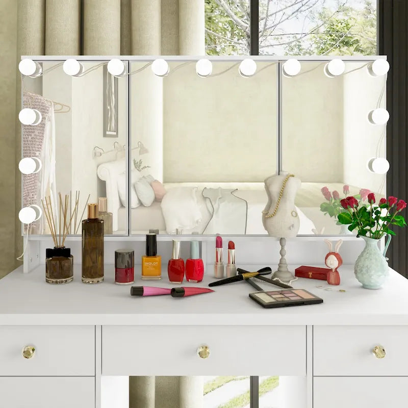 Tavolo da trucco bianco/nero a 3 specchi e 9 cassetti con illuminazione a LED, singolo