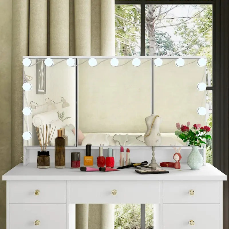 Tavolo da trucco bianco/nero a 3 specchi e 9 cassetti con illuminazione a LED, singolo