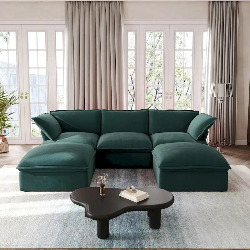 Divano componibile a U in velluto verde/arancio/blu/rosso con 2 pouf, 3 posti