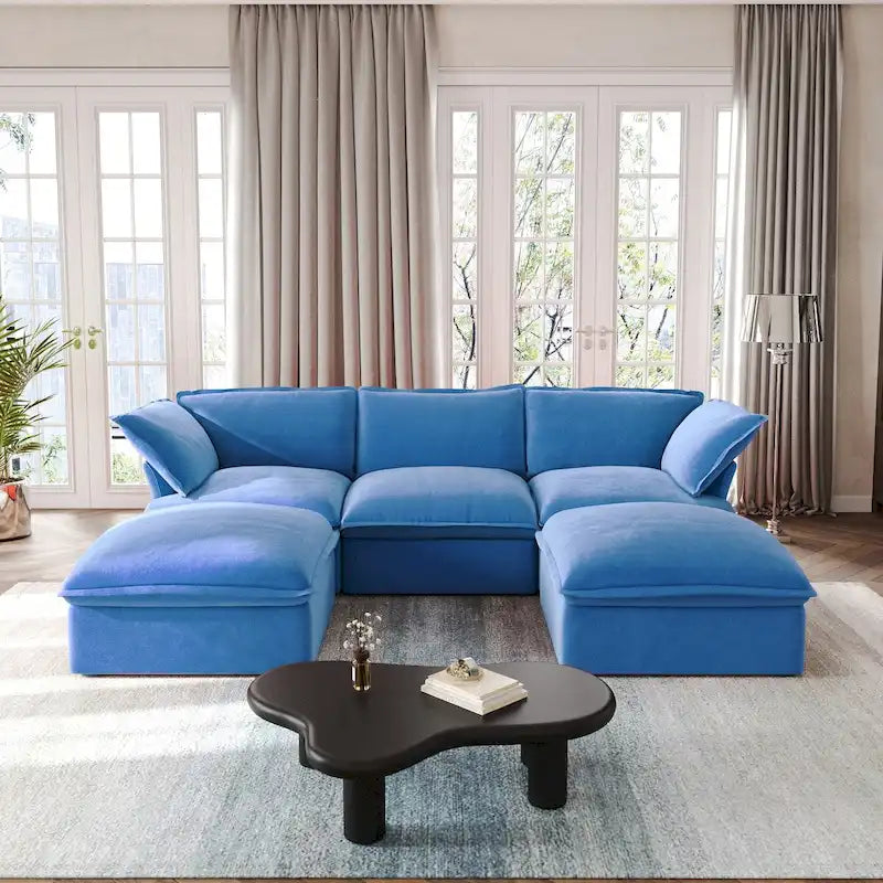 Divano componibile a U in velluto verde/arancio/blu/rosso con 2 pouf, 3 posti