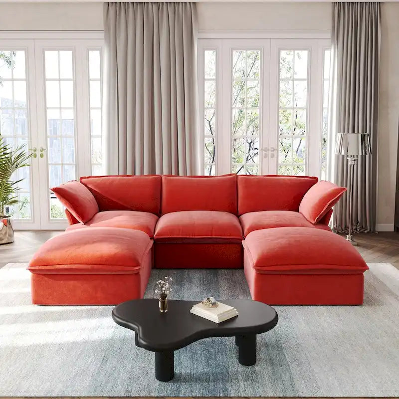 Divano componibile a U in velluto verde/arancio/blu/rosso con 2 pouf, 3 posti