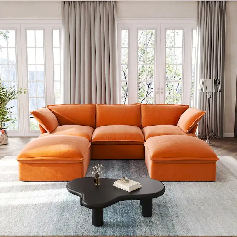 Divano componibile a U in velluto verde/arancio/blu/rosso con 2 pouf, 3 posti