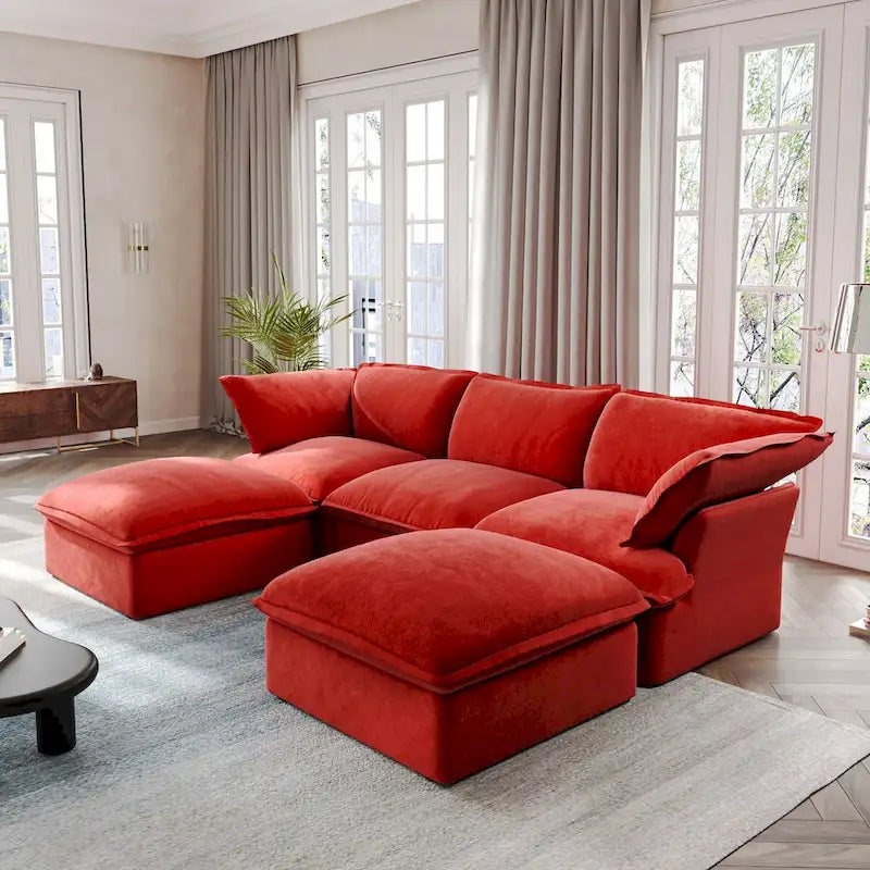 Divano componibile a U in velluto verde/arancio/blu/rosso con 2 pouf, 3 posti