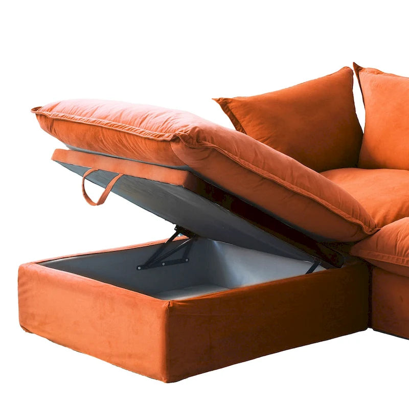 Divano componibile a U in velluto verde/arancio/blu/rosso con 2 pouf, 3 posti