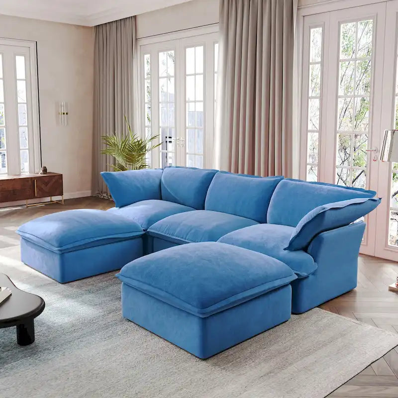 Divano componibile a U in velluto verde/arancio/blu/rosso con 2 pouf, 3 posti