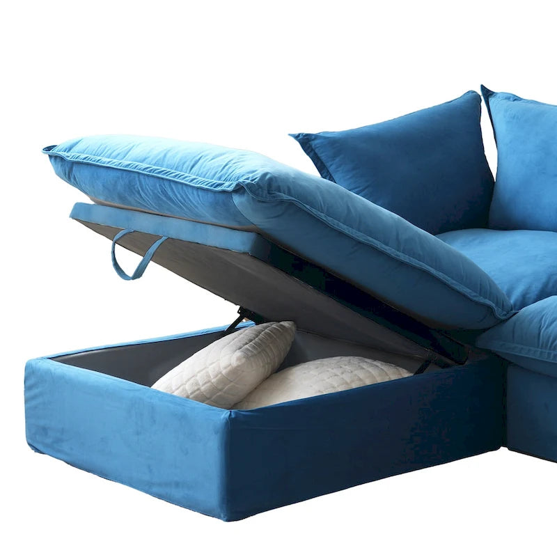 Divano componibile a U in velluto verde/arancio/blu/rosso con 2 pouf, 3 posti