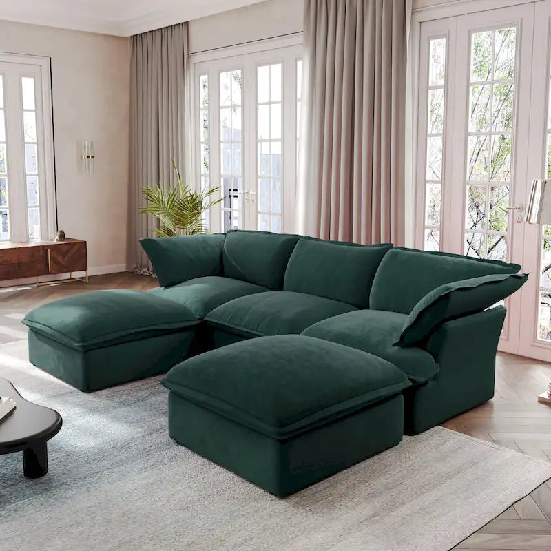 Divano componibile a U in velluto verde/arancio/blu/rosso con 2 pouf, 3 posti
