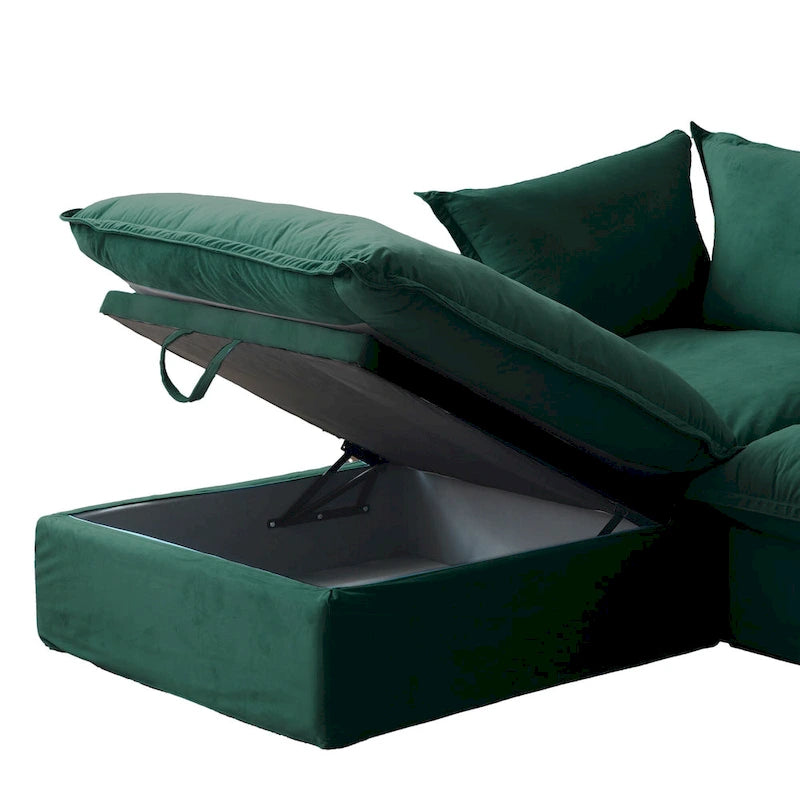 Divano componibile a U in velluto verde/arancio/blu/rosso con 2 pouf, 3 posti