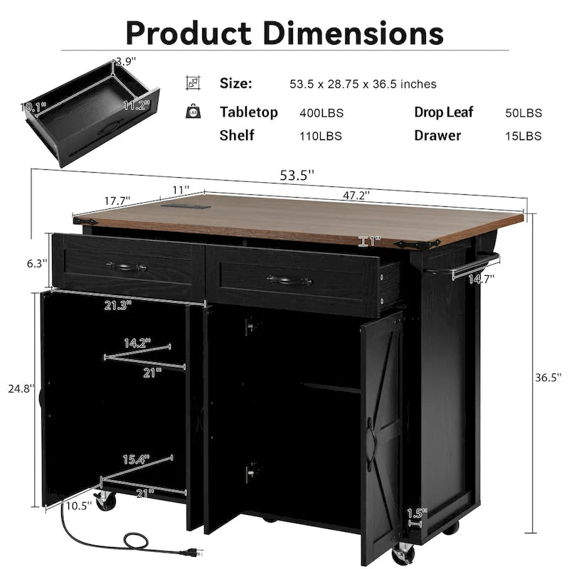 Carrello da cucina su ruote Black / White Farmhouse con anta a ribalta, uso individuale