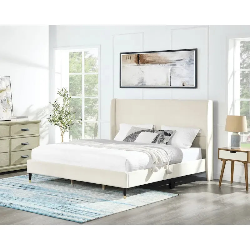 Letto a piattaforma in velluto beige con testiera ad ali, Queen/King, 2 persone