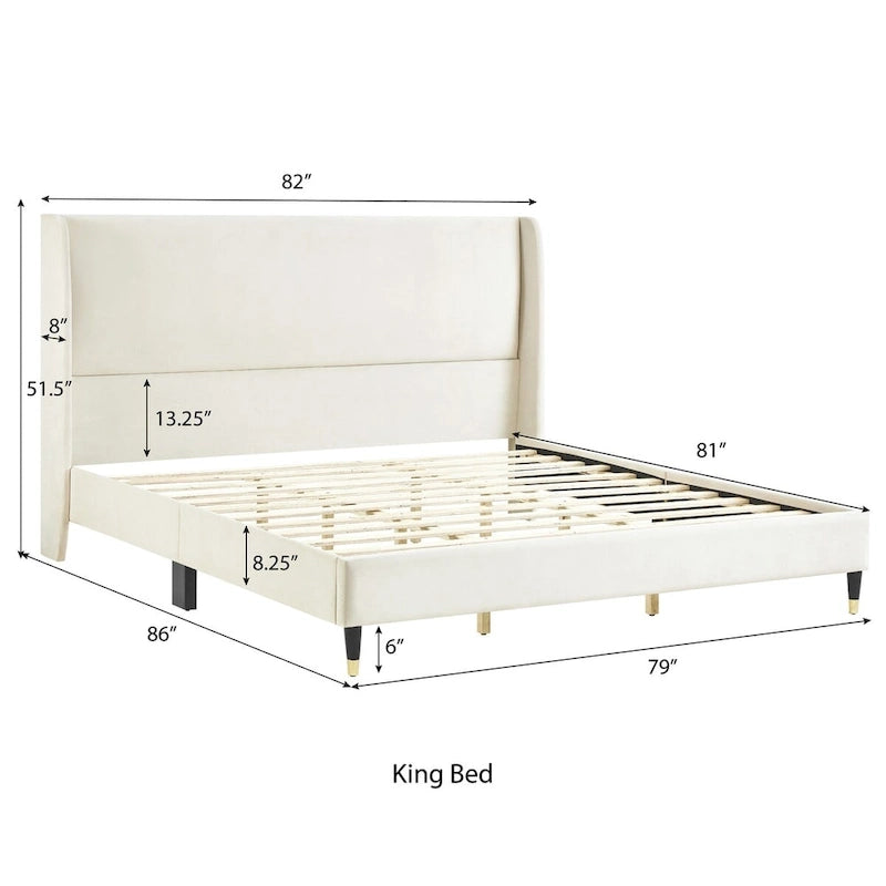 Letto a piattaforma in velluto beige con testiera ad ali, Queen/King, 2 persone