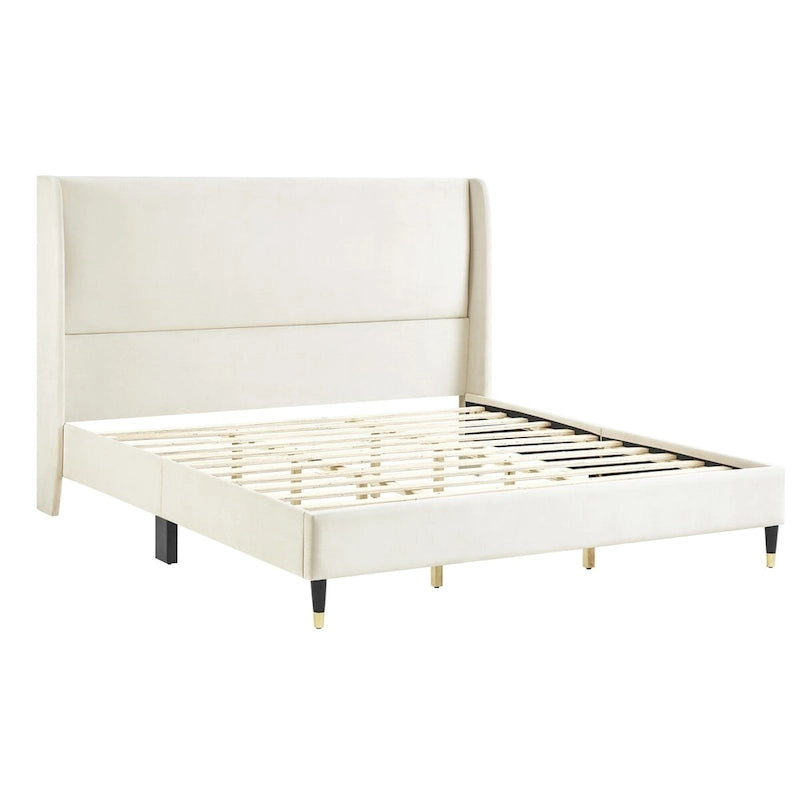 Letto a piattaforma in velluto beige con testiera ad ali, Queen/King, 2 persone