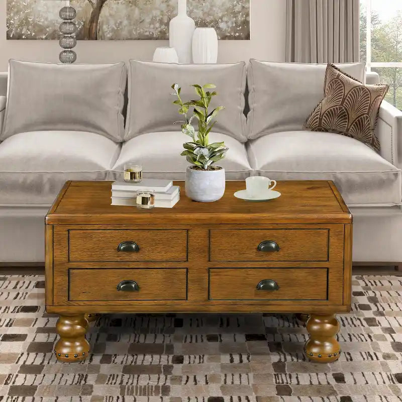 40  Solid Wood Rectangle Coffee Table with 4 Drawers