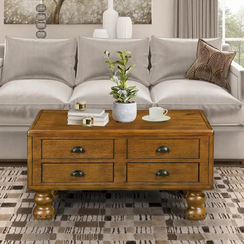 40  Solid Wood Rectangle Coffee Table with 4 Drawers