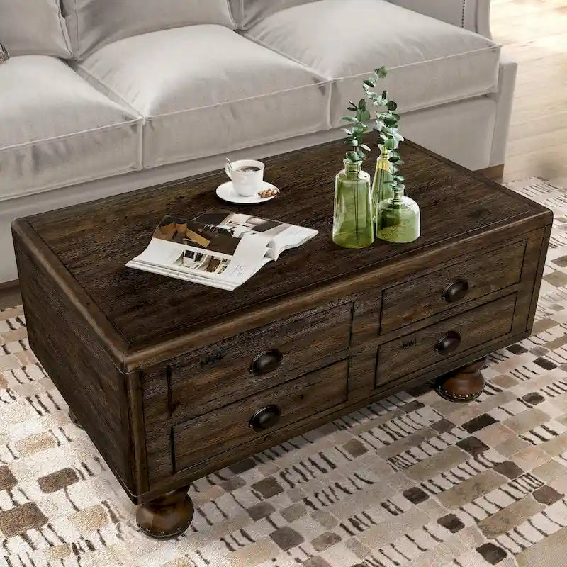 Tavolino rettangolare antico marrone ed espresso con 4 cassetti