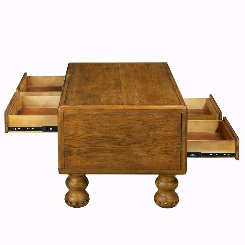 Tavolino rettangolare antico marrone ed espresso con 4 cassetti