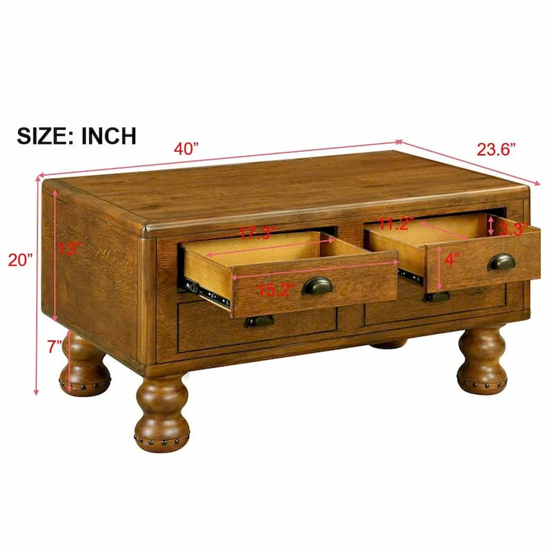 Tavolino rettangolare antico marrone ed espresso con 4 cassetti