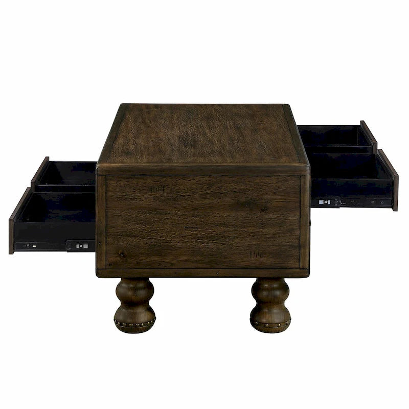 Tavolino rettangolare antico marrone ed espresso con 4 cassetti