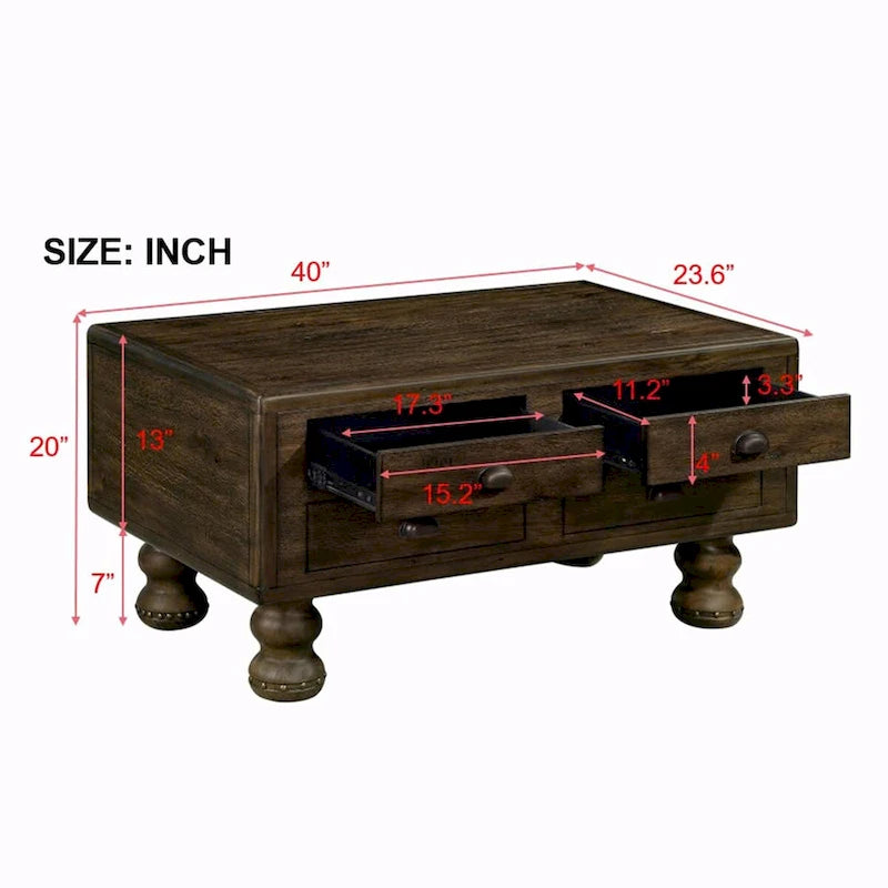 Tavolino rettangolare antico marrone ed espresso con 4 cassetti