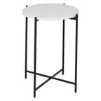Tavolino Rotondo in Terrazzo Bianco con Gambe in Metallo Nero
